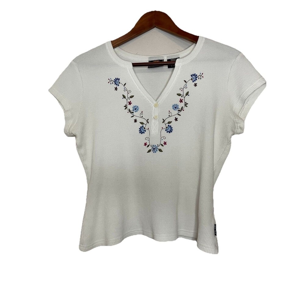Route 66 Juniors Medium Waffle Knit Short Sleeve Floral Vneck Boxy Shirt Blouse